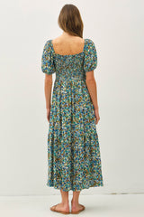 Blue Floral Smocked Tiered Midi Dress