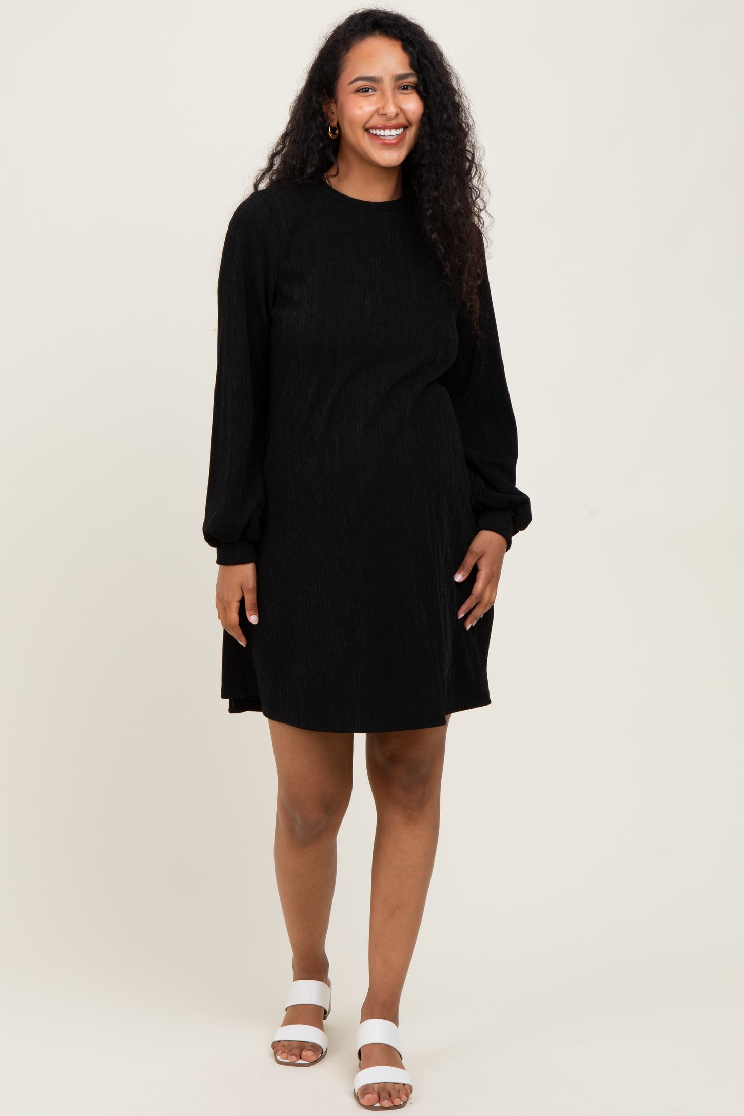 Black Ribbed Mock Neck Bubble Sleeve Maternity Dress