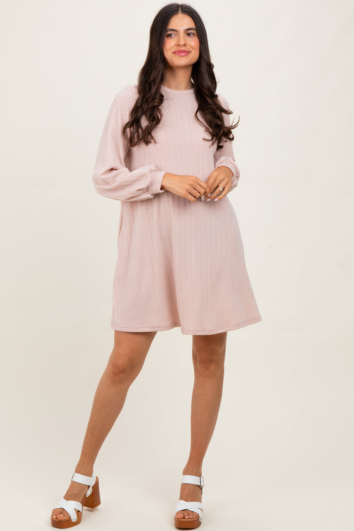 Light Pink Ribbed Mock Neck Bubble Sleeve Dress