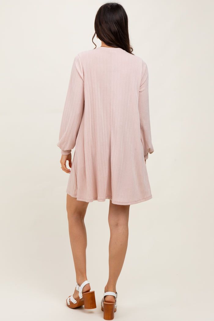 Light Pink Ribbed Mock Neck Bubble Sleeve Dress
