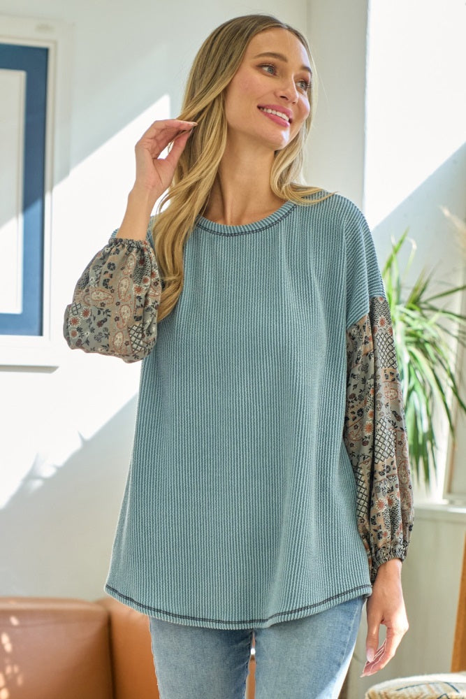 Light Blue Floral Ribbed Colorblock Long Sleeve