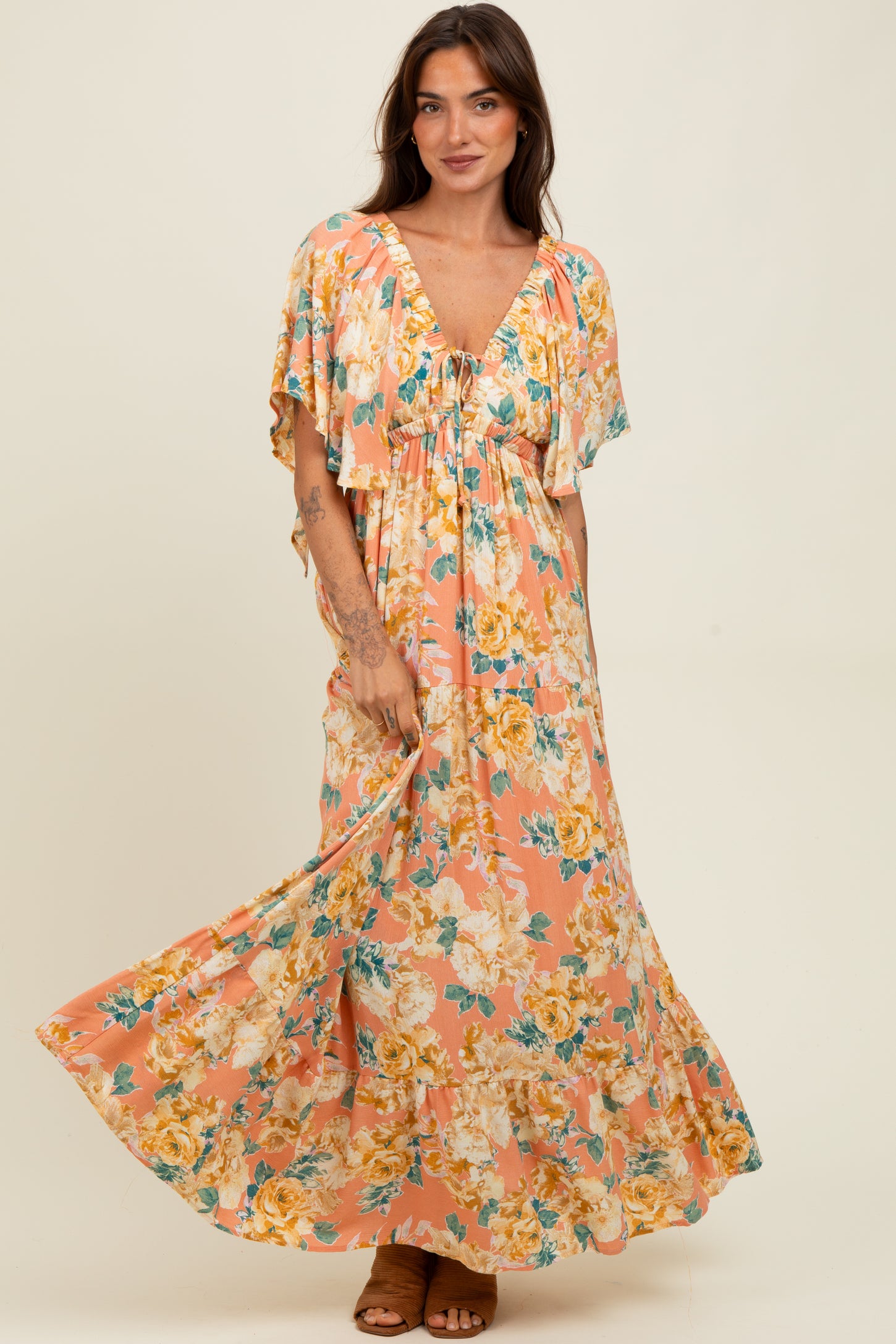 Salmon Floral Flyway Sleeve V-Neck Tiered Maternity Maxi Dress