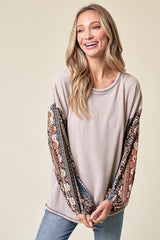 Beige Floral Ribbed Knit Colorblock Long Sleeve Top