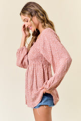 Mauve Printed Smocked Tunic Top
