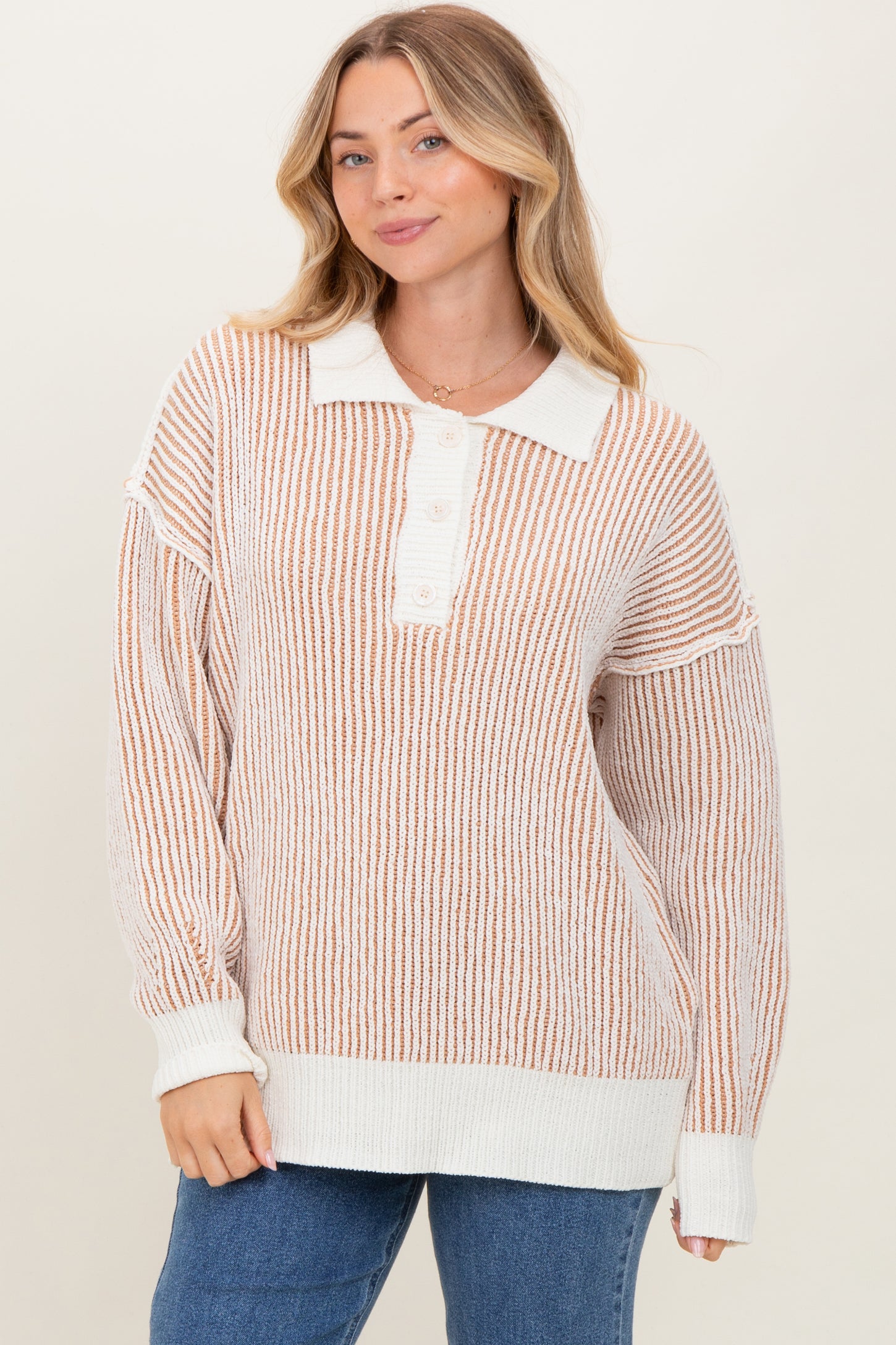 Camel Two Tone Stripe Textured Henley Neck Sweater Top