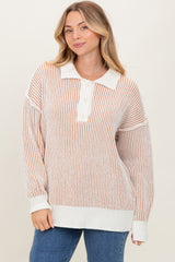 Camel Two Tone Stripe Textured Henley Neck Sweater Top