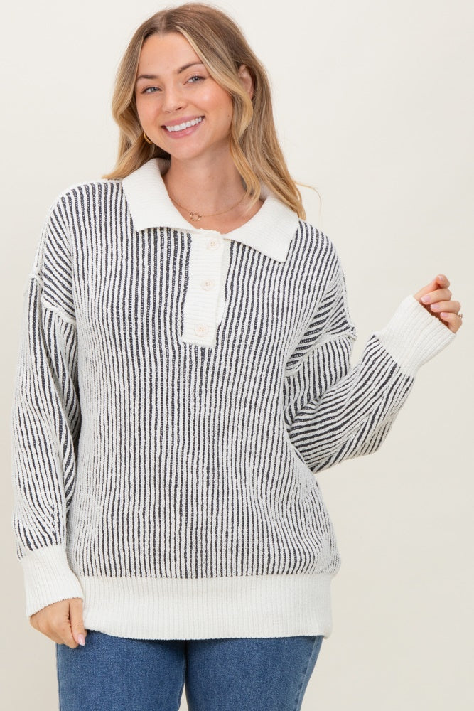 Charcoal Two Tone Stripe Textured Henley Neck Sweater Top