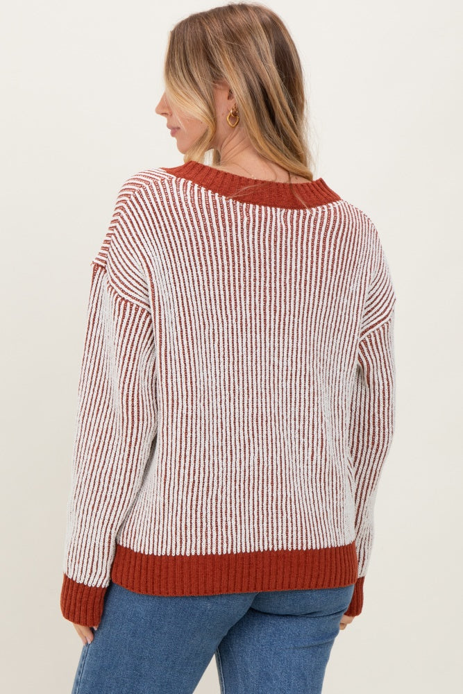 Rust Two Tone Ribbed V-Neck Chenille Maternity Sweater