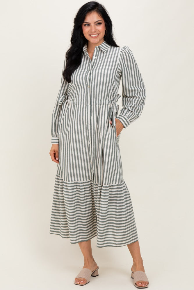 Green Striped Collared Button Down Waist Tie Maxi Dress