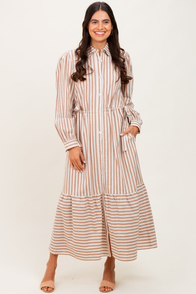Mocha Striped Collared Button Down Waist Tie Maternity Maxi Dress