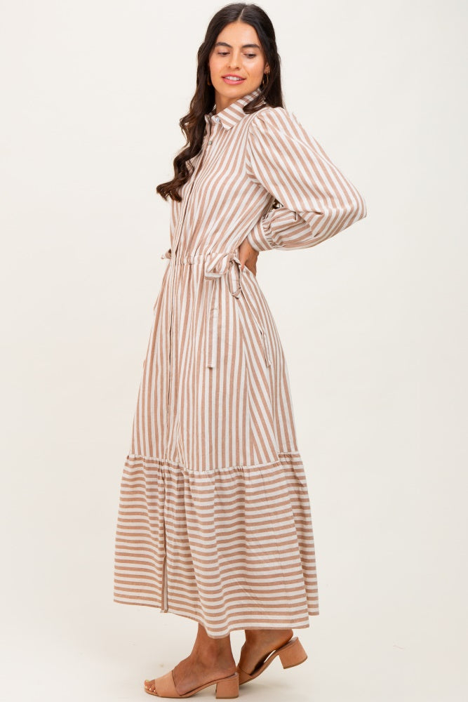 Mocha Striped Collared Button Down Waist Tie Maxi Dress
