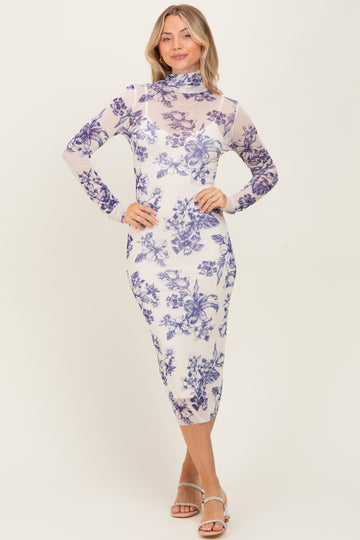 Ivory Floral Mesh Mock Neck Long Sleeve Midi Dress