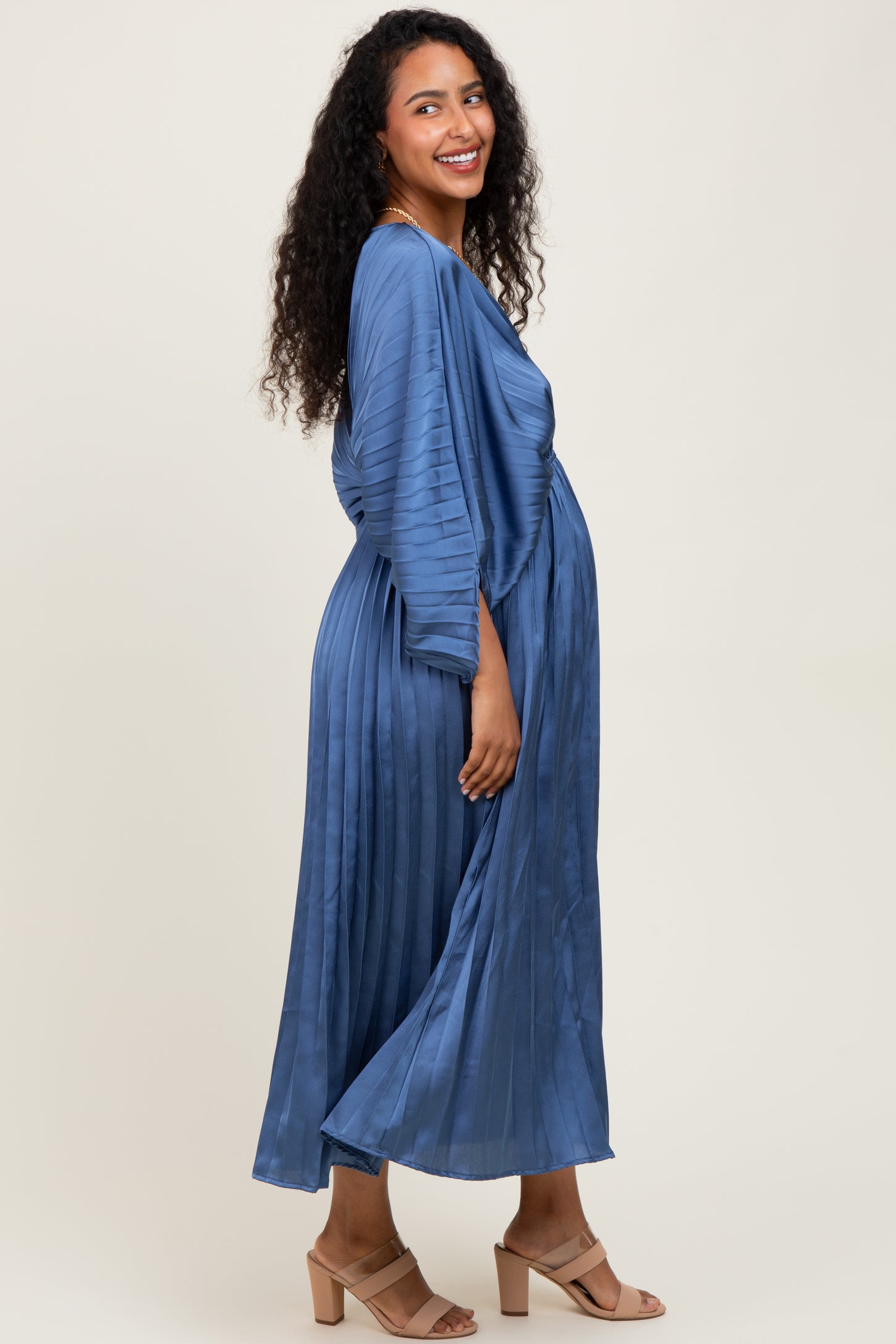 Blue Satin Pleated V-Neck Maternity Maxi Dress