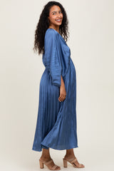 Blue Satin Pleated V-Neck Maternity Maxi Dress