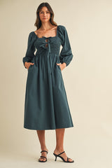 Forest Green Bow Detail Smocked Maternity Midi Dress
