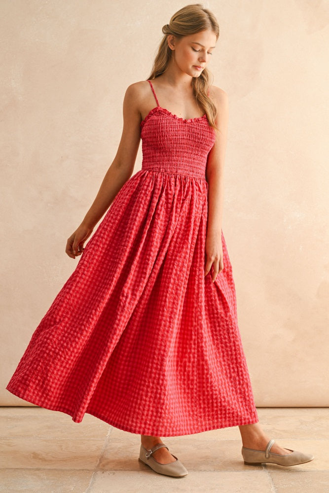 Red Gingham Smocked Ruffle Accent Maxi Dress