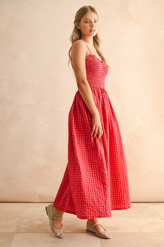 Red Gingham Smocked Ruffle Accent Maxi Dress