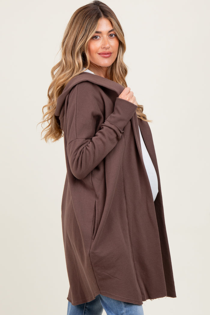 Mocha Hooded Long Maternity Cardigan
