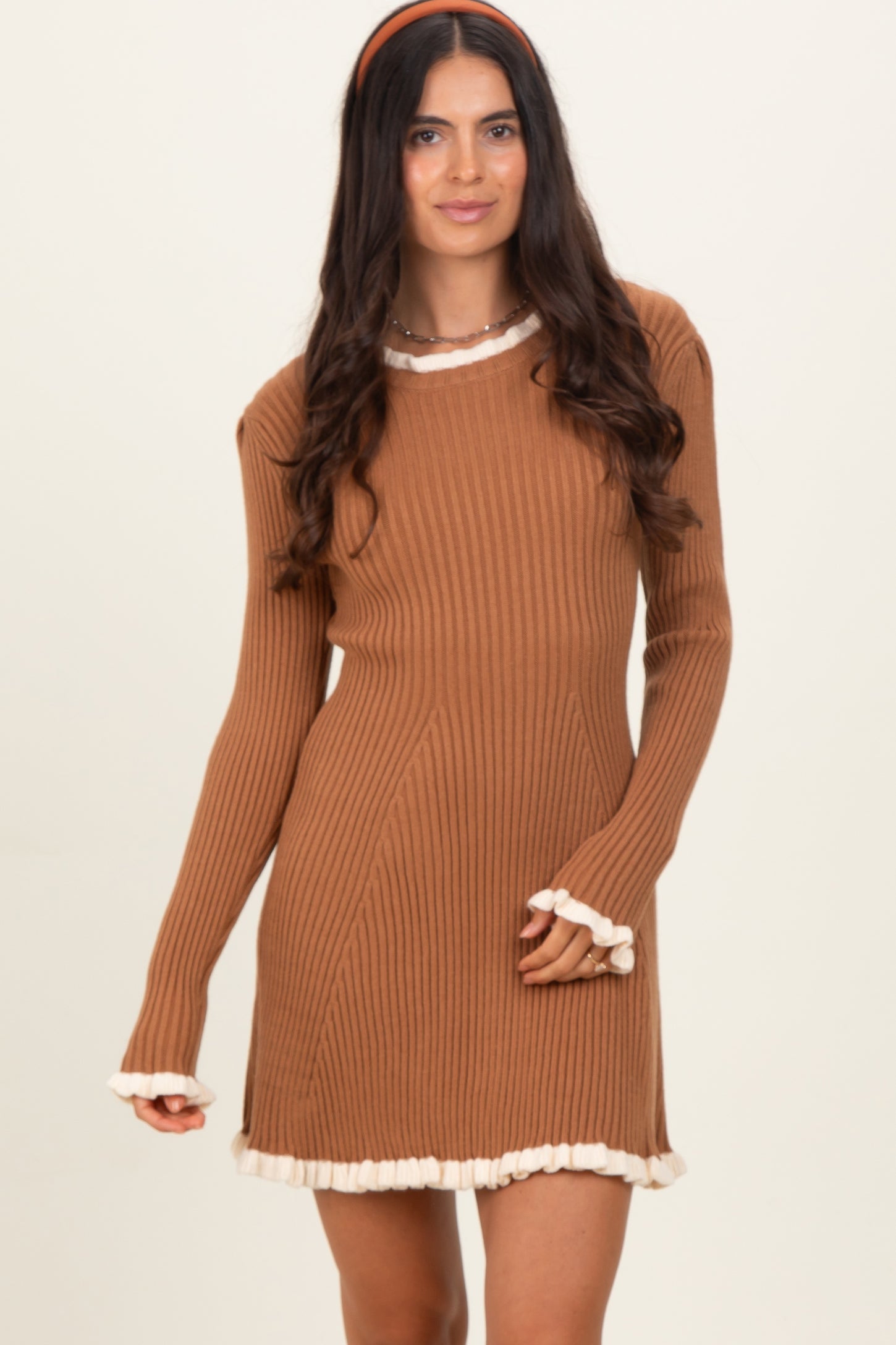 Camel Ribbed Knit Contrast Ruffle Trim Mini Dress