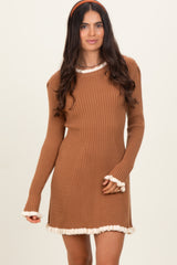 Camel Ribbed Knit Contrast Ruffle Trim Mini Dress