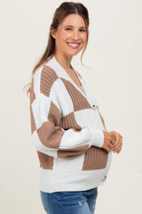 Mocha Checkered Rib Bubble Sleeve Button Maternity Cardigan