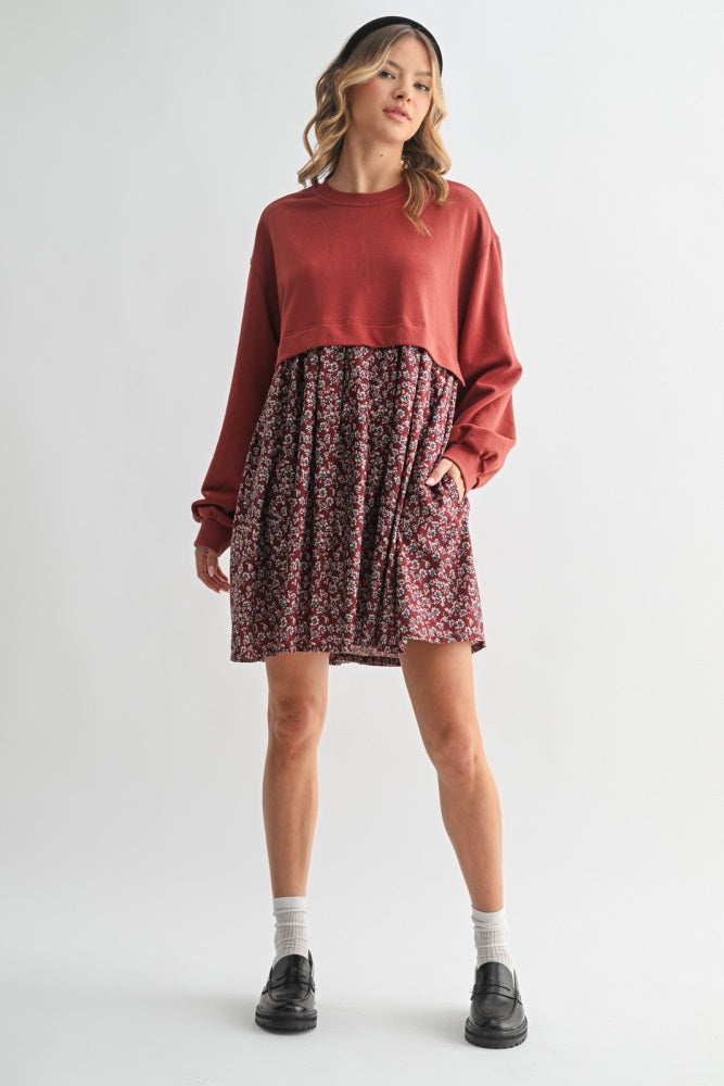 Burgundy Floral Sweatshirt Contrast Dress