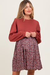 Burgundy Floral Sweatshirt Contrast Maternity Dress