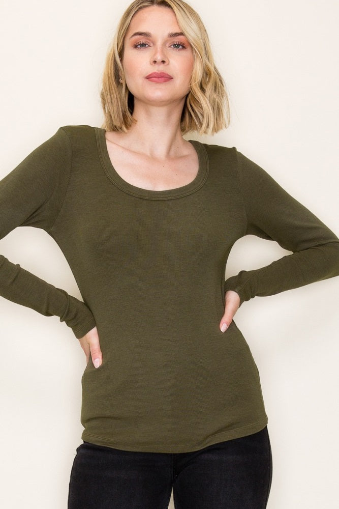 Olive Fine Rib Scoop Neck Long Sleeve Top