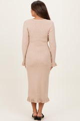 Beige Ribbed Knit Ruffle Trim Maternity Midi Sweater Dress