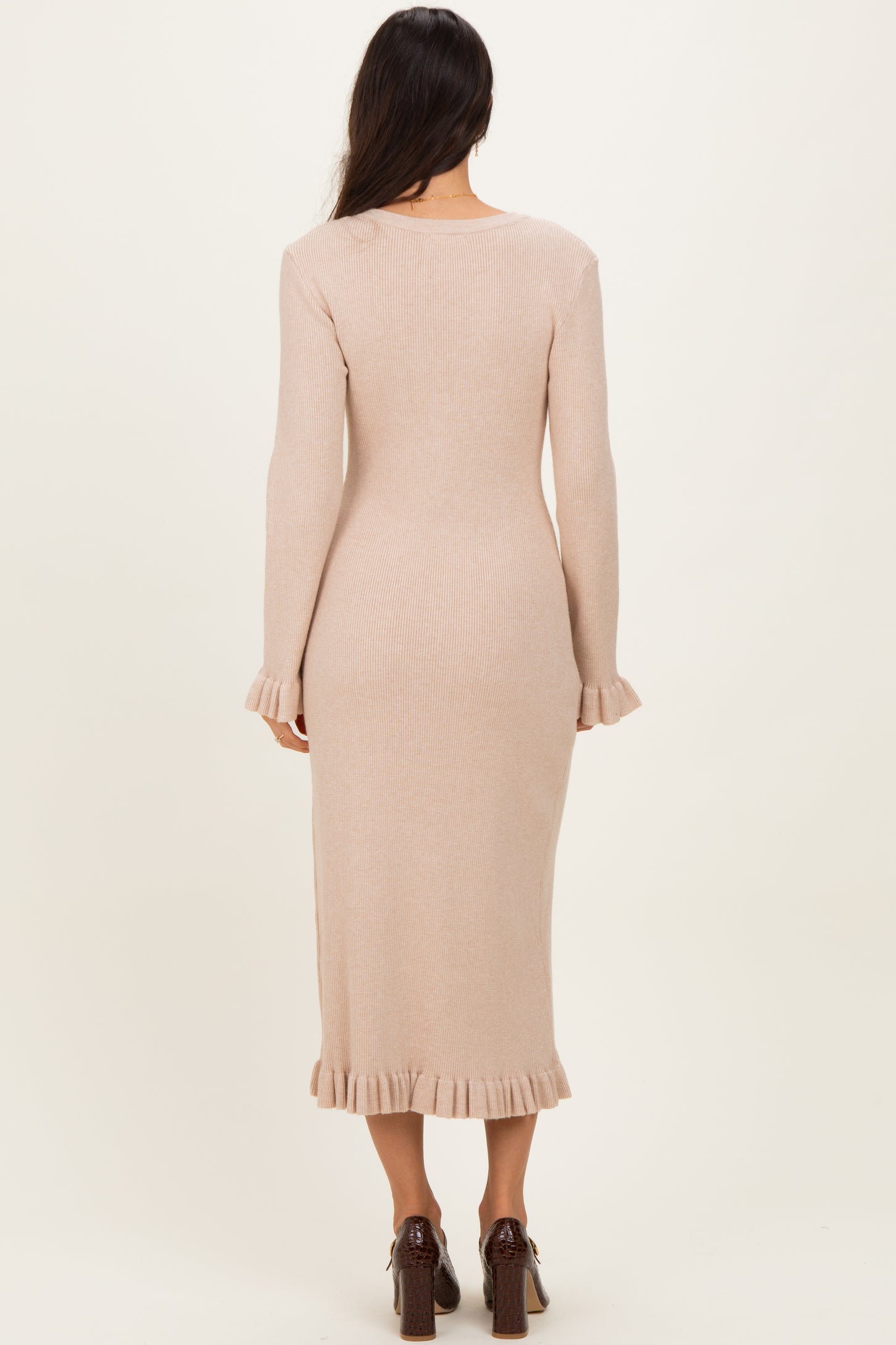 Beige Ribbed Knit Ruffle Trim Midi Sweater Dress