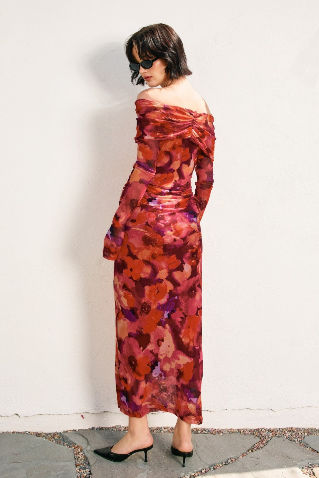 Red Floral Mesh Off Shoulder Long Sleeve Maxi Dress