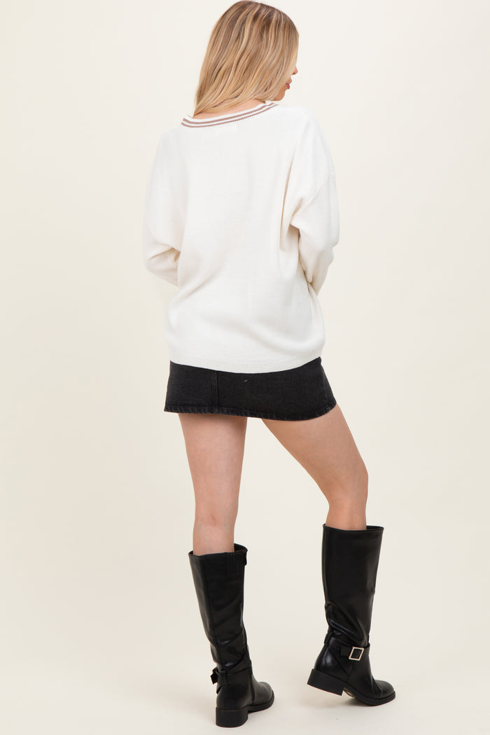 Ivory Deep V-Neck Border Stripe Sweater