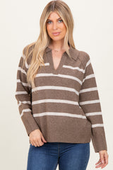 Brown Striped Oversized Polo Sweater
