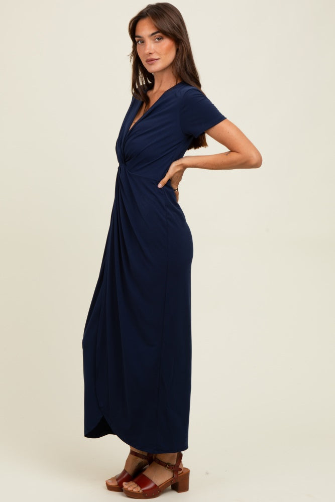 Navy Gathered Front Short Sleeve Maxi Dress