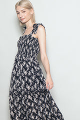 Black Floral Shoulder Tie Maxi Dress