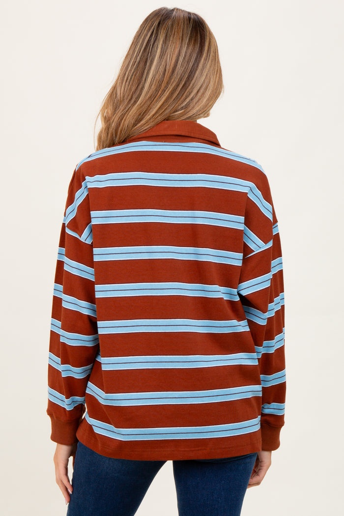Brown Striped Oversized Long Sleeve Maternity Polo Top