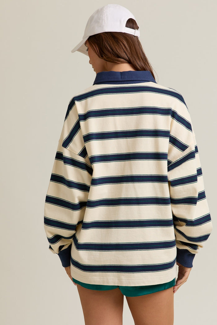 Cream Striped Oversized Long Sleeve Polo Top