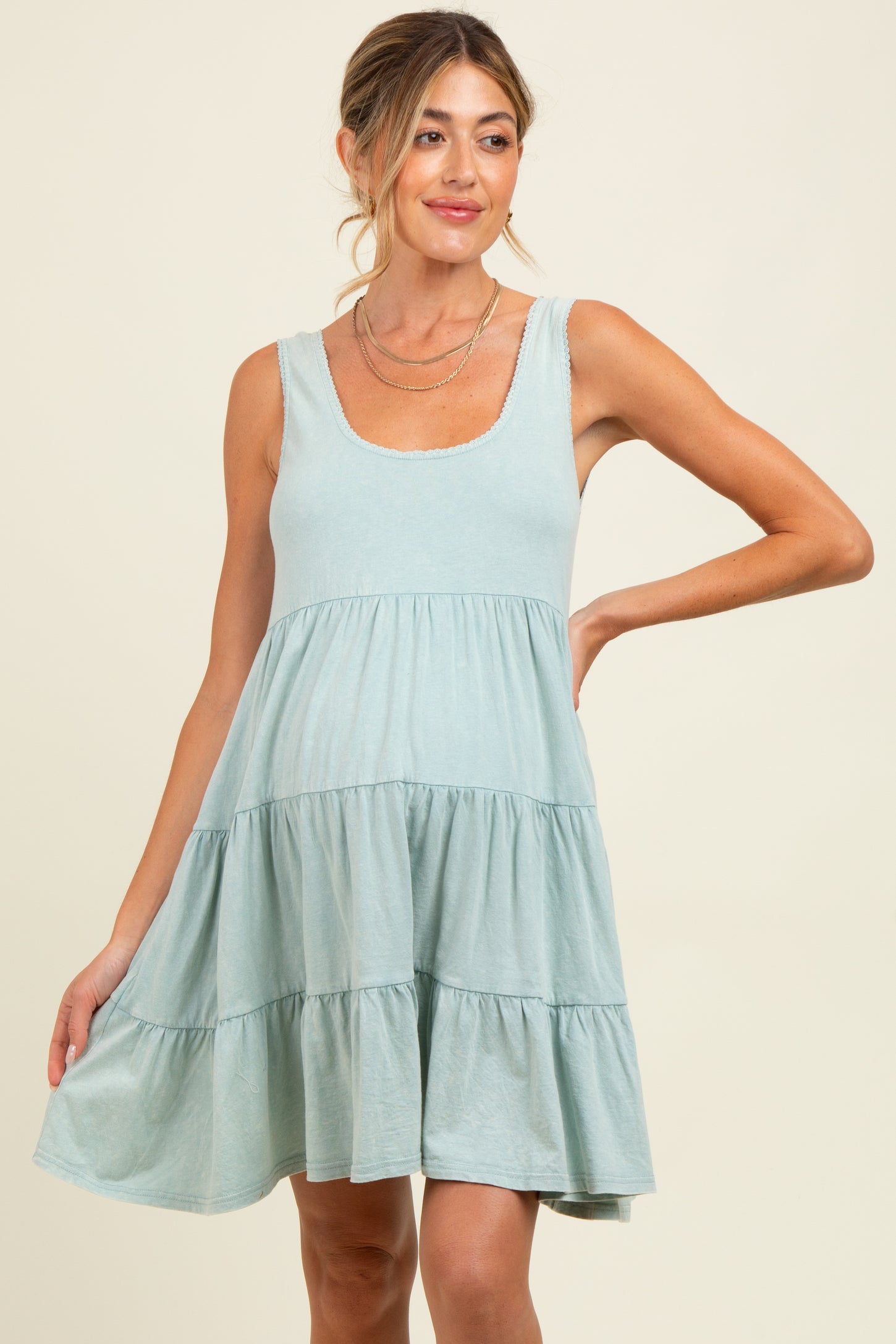 Mint Lace Trim Washed Cotton Maternity Tank Dress