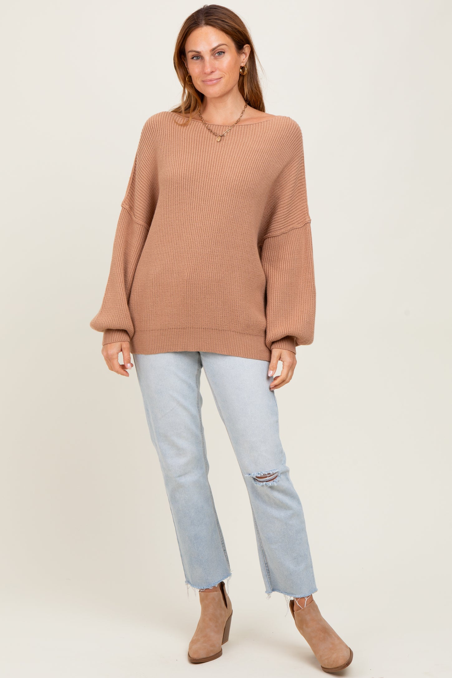 Light Taupe Balloon Sleeve Boat Neck Knit Sweater