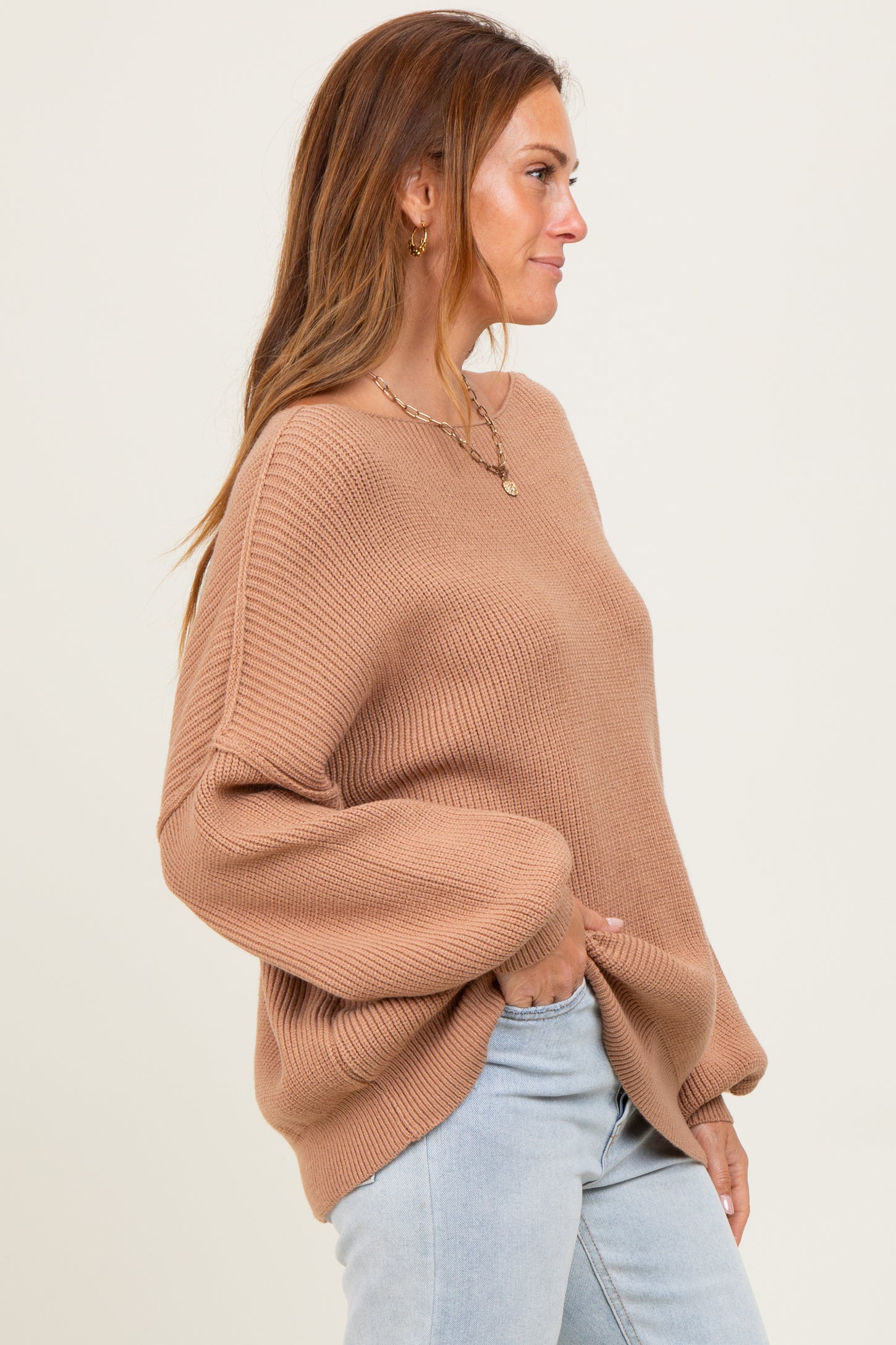 Light Taupe Balloon Sleeve Boat Neck Knit Sweater