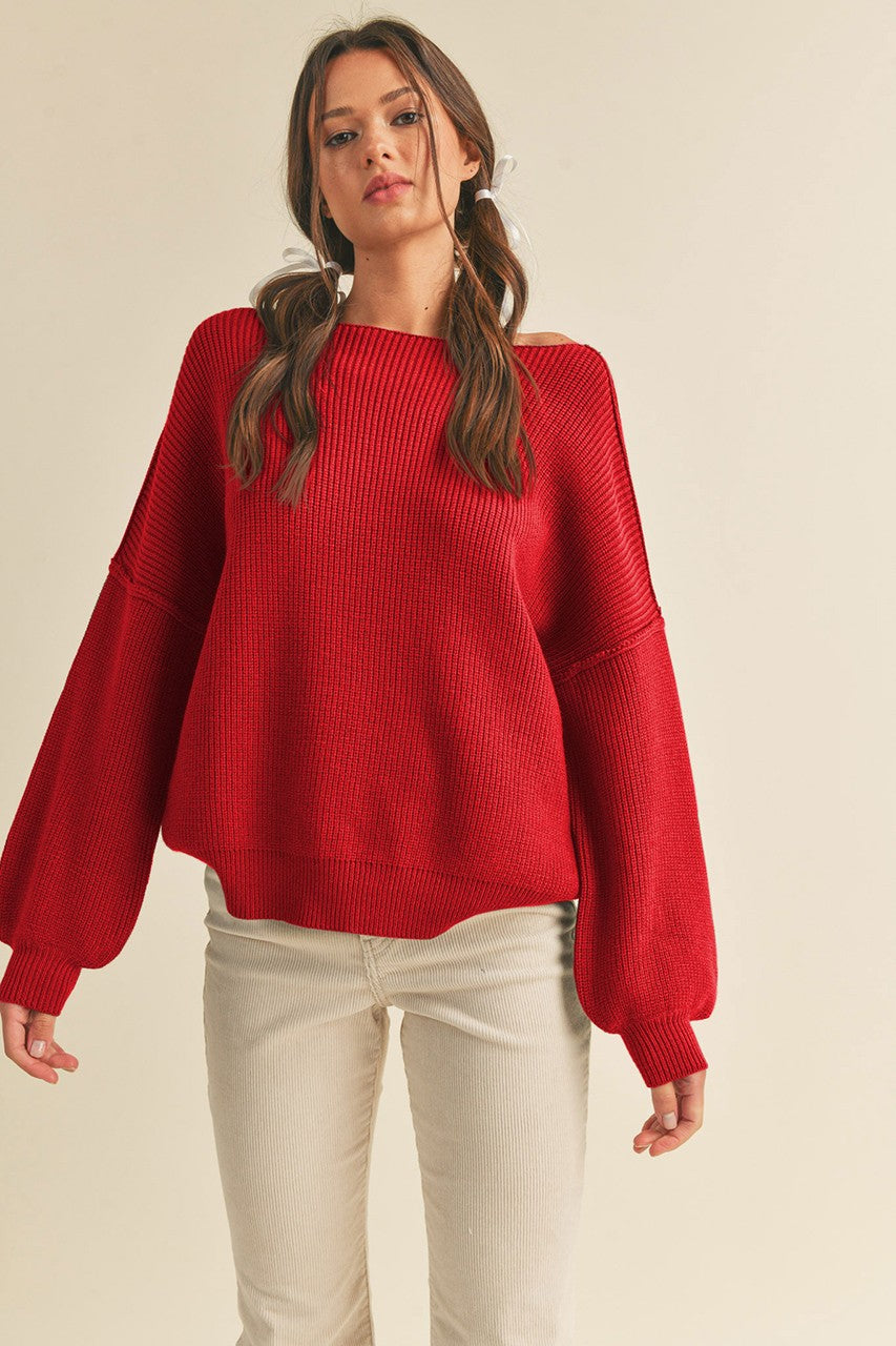 Red Balloon Sleeve Boat Neck Knit Sweater