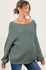 Olive Balloon Sleeve Boat Neck Knit Maternity Sweater