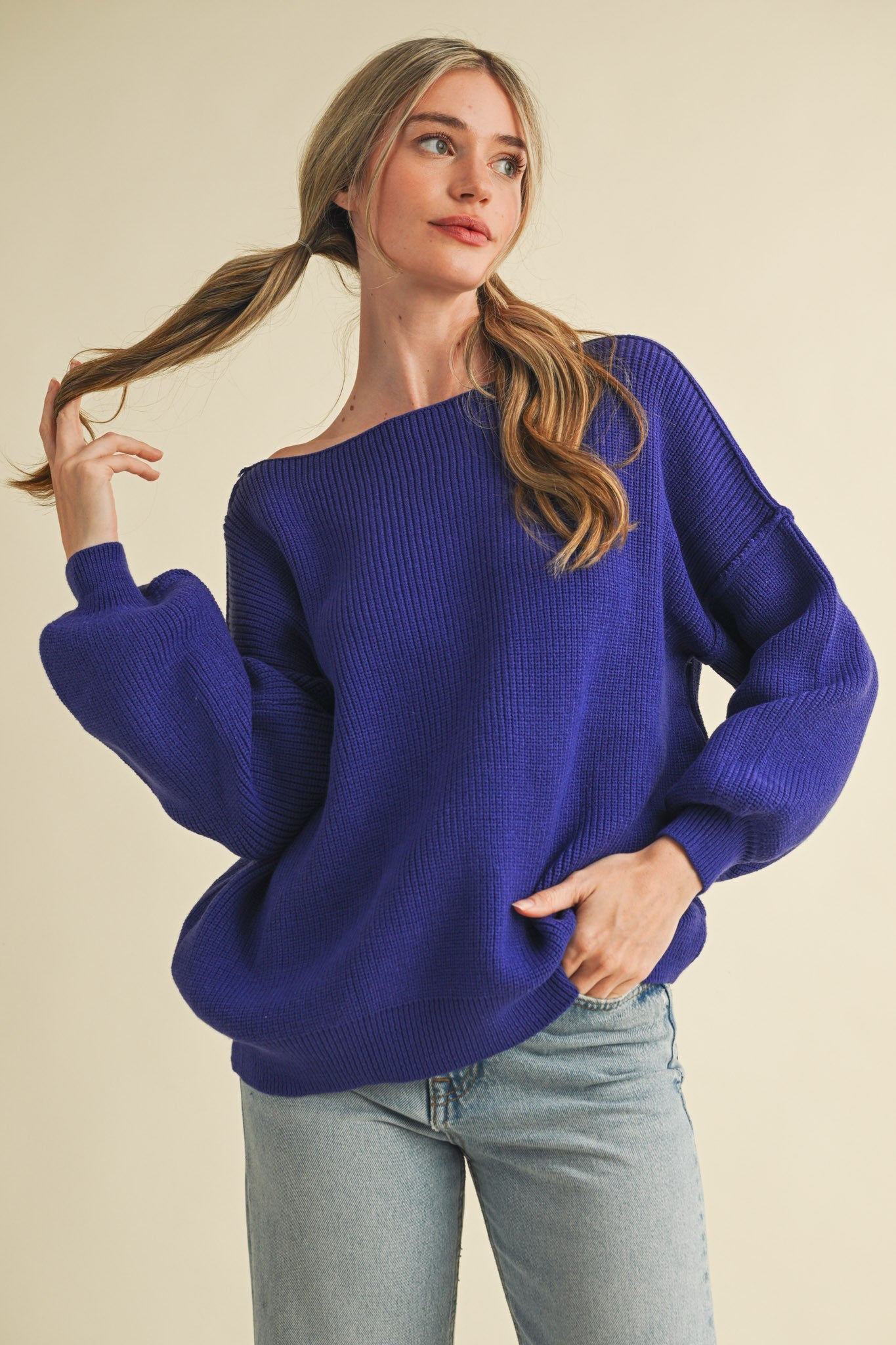 Royal Blue Balloon Sleeve Boat Neck Knit Maternity Sweater