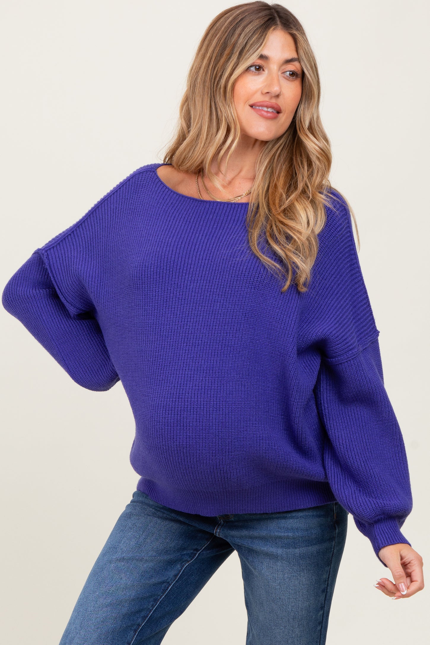 Royal Blue Balloon Sleeve Boat Neck Knit Maternity Sweater