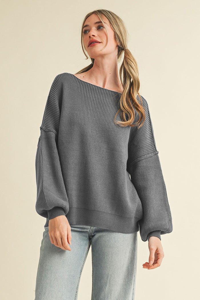Charcoal Balloon Sleeve Boat Neck Knit Sweater