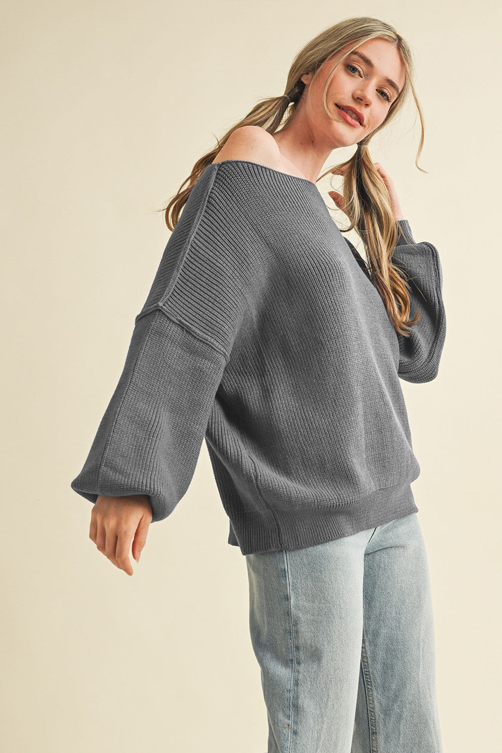 Charcoal Balloon Sleeve Boat Neck Knit Sweater