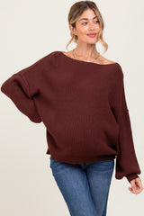 Brown Balloon Sleeve Boat Neck Knit Maternity Sweater