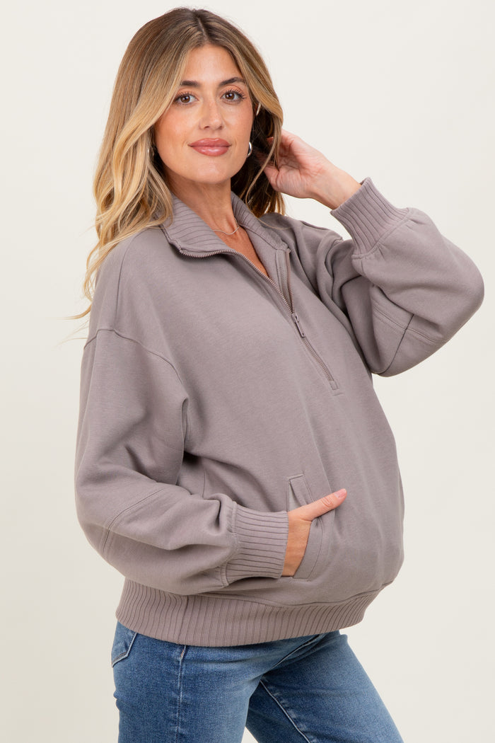 Taupe French Terry Quarter Zip Maternity Pullover