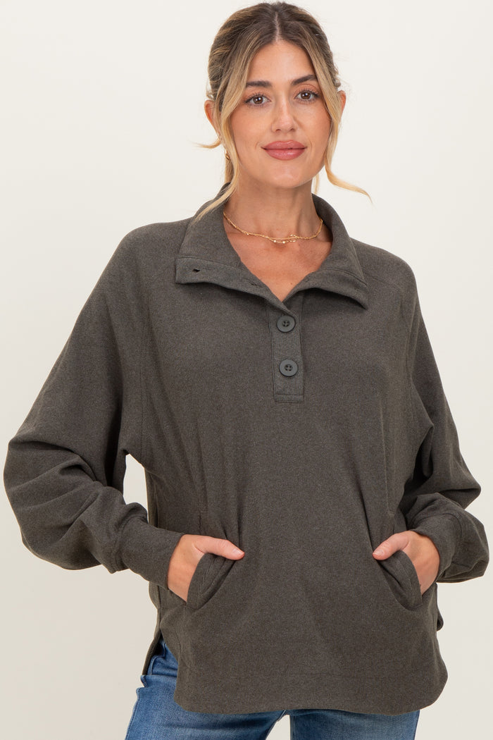 Forest Green Brushed Knit Button Collar Maternity Pullover