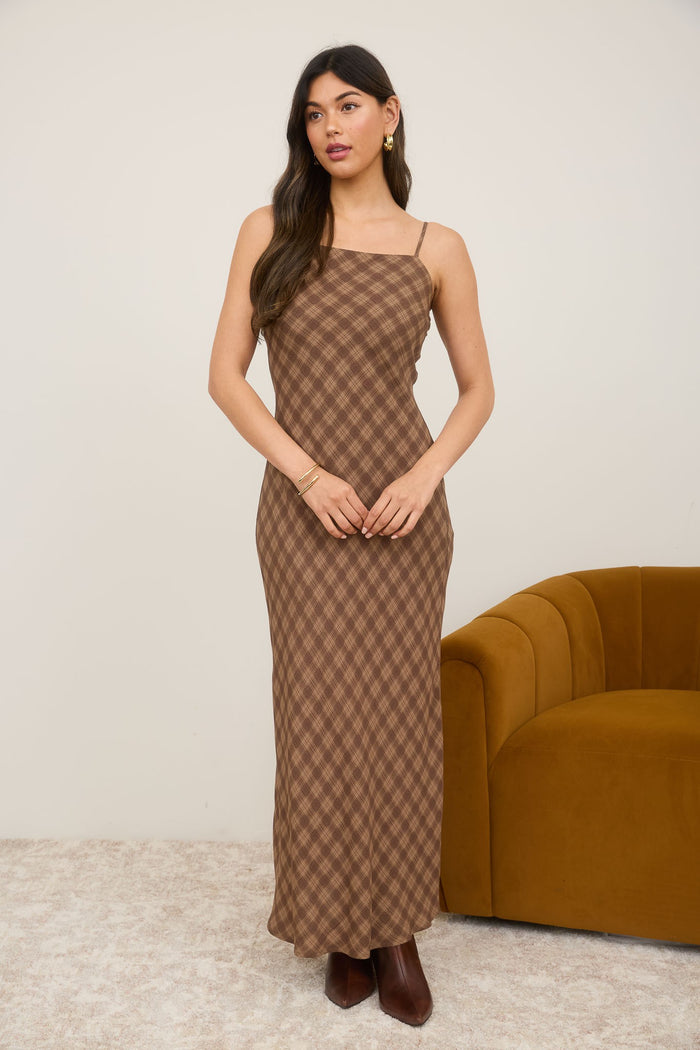 Brown Plaid Sleeveless Maternity Maxi Dress